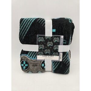 Gamer Blanket Video Game Controller soft Plush Throw Black Teal 50x60